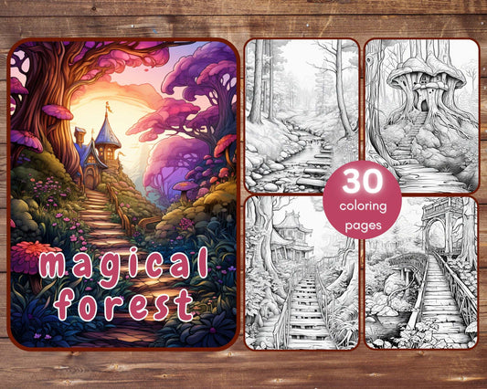 31 Magical Forest Coloring Book, Enchanted Forest, Secret Garden, Fantasy Grayscale Coloring Book for Adults and Kids, Instant Download