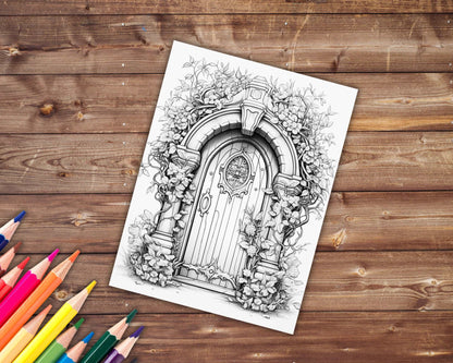 30 Magical Doors Coloring Book, Grayscale Fantasy Secret Doors Coloring Pages for Adults, Floral, Printable PDF, Instant Download