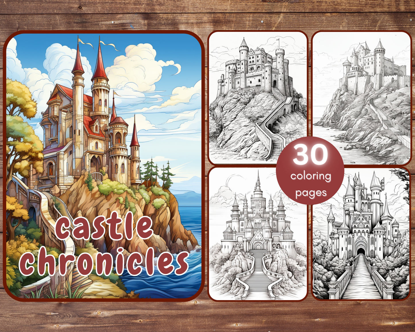 35 Castle Chronicles Coloring Book, Grayscale Castles Coloring for Adults, Historical Old Houses, Medieval Ancient Times, Printable PDF