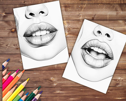 30 Luscious Lips Coloring Book, Grayscale Women's Lips and Flowers Coloring Pages for Adults and Teens, Printable PDF, Instant Download