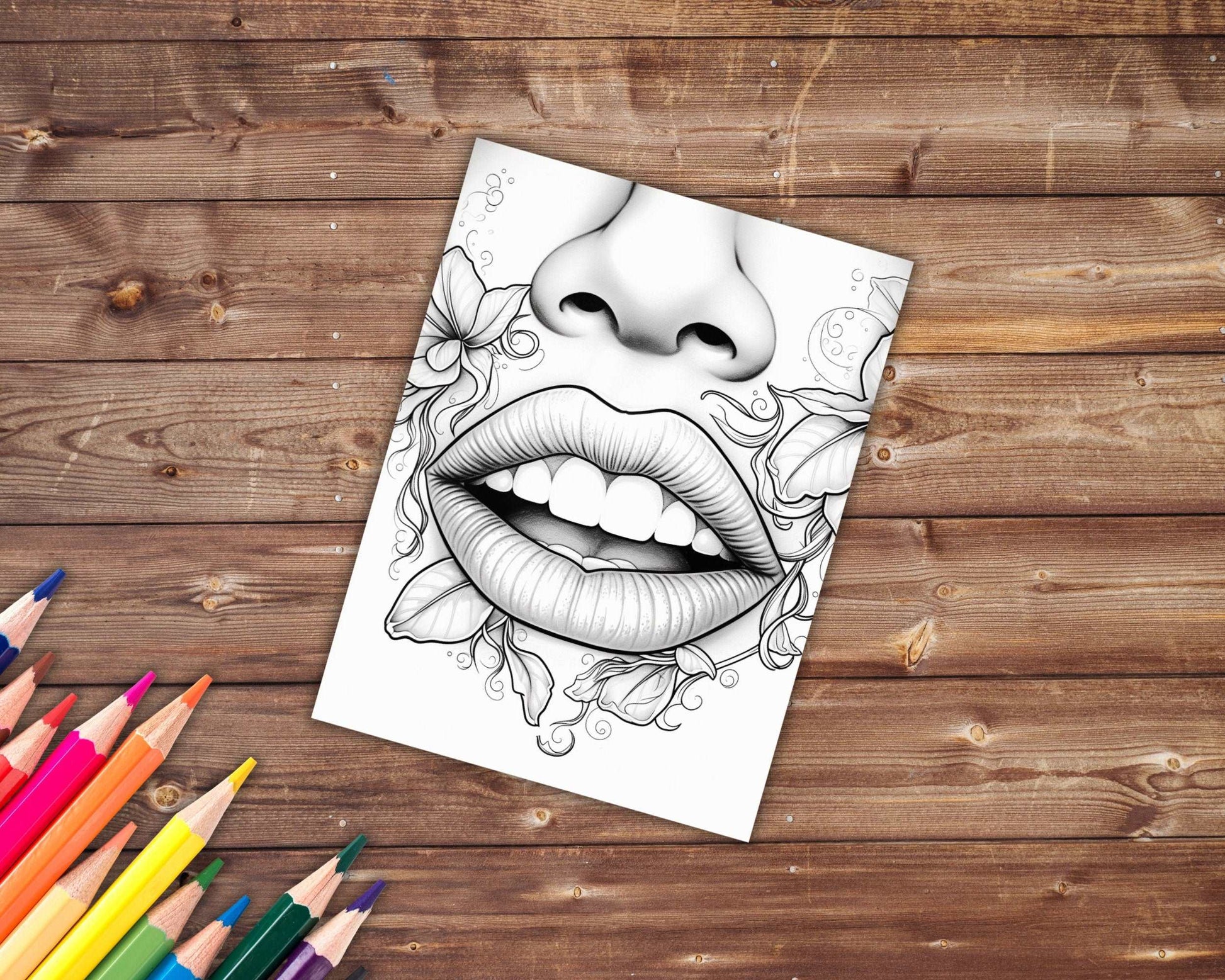 30 Luscious Lips Coloring Book, Grayscale Women's Lips and Flowers Coloring Pages for Adults and Teens, Printable PDF, Instant Download