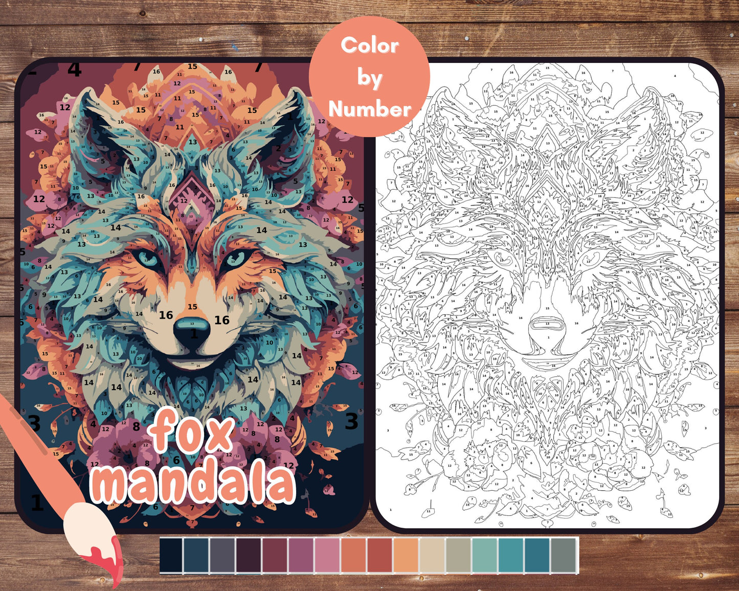 Color By Number for Adult, Fox Mandala Paint by Number, Printable Coloring Pages Sheets, Digital Download, PDF, PNG