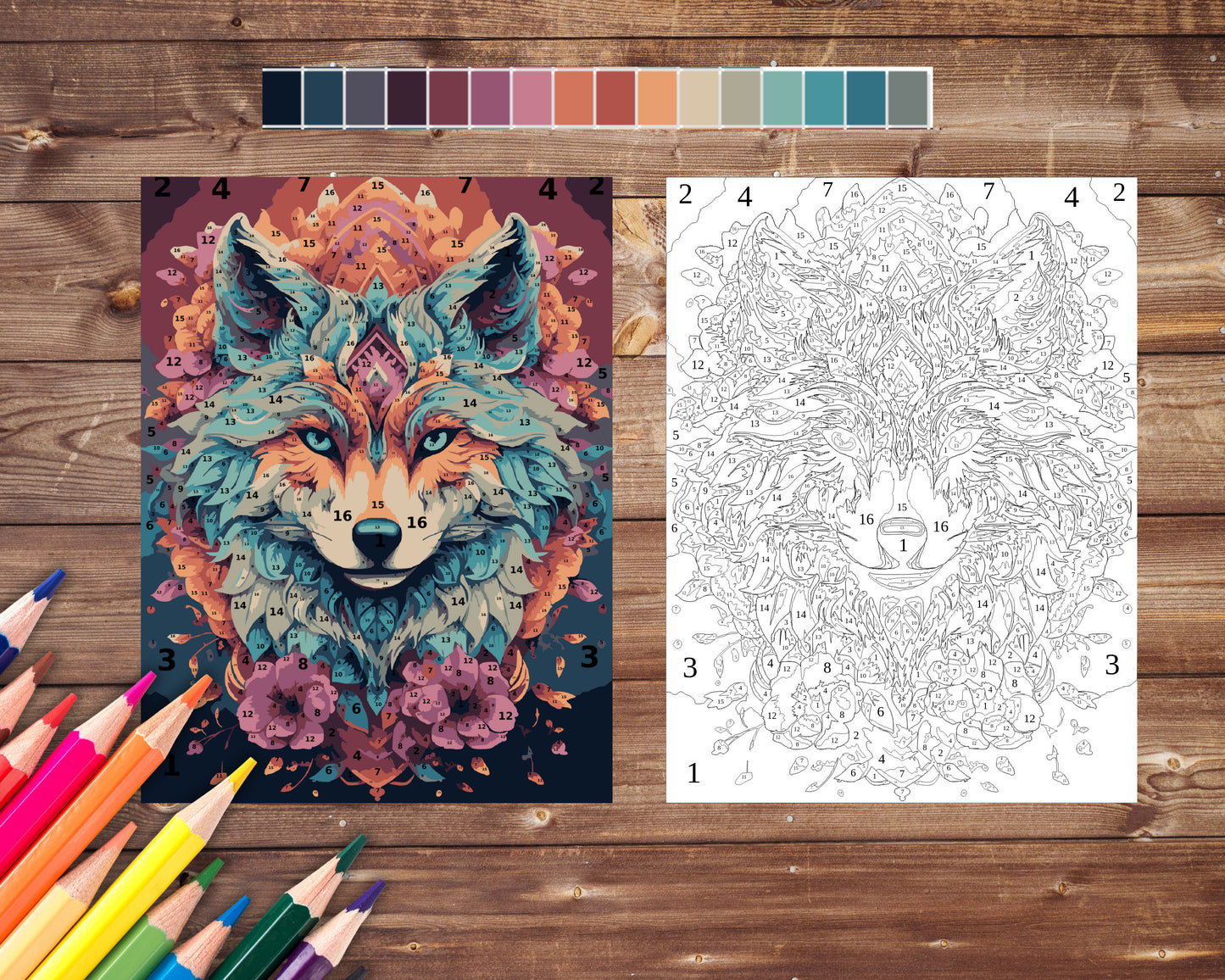 Color By Number for Adult, Fox Mandala Paint by Number, Printable Coloring Pages Sheets, Digital Download, PDF, PNG