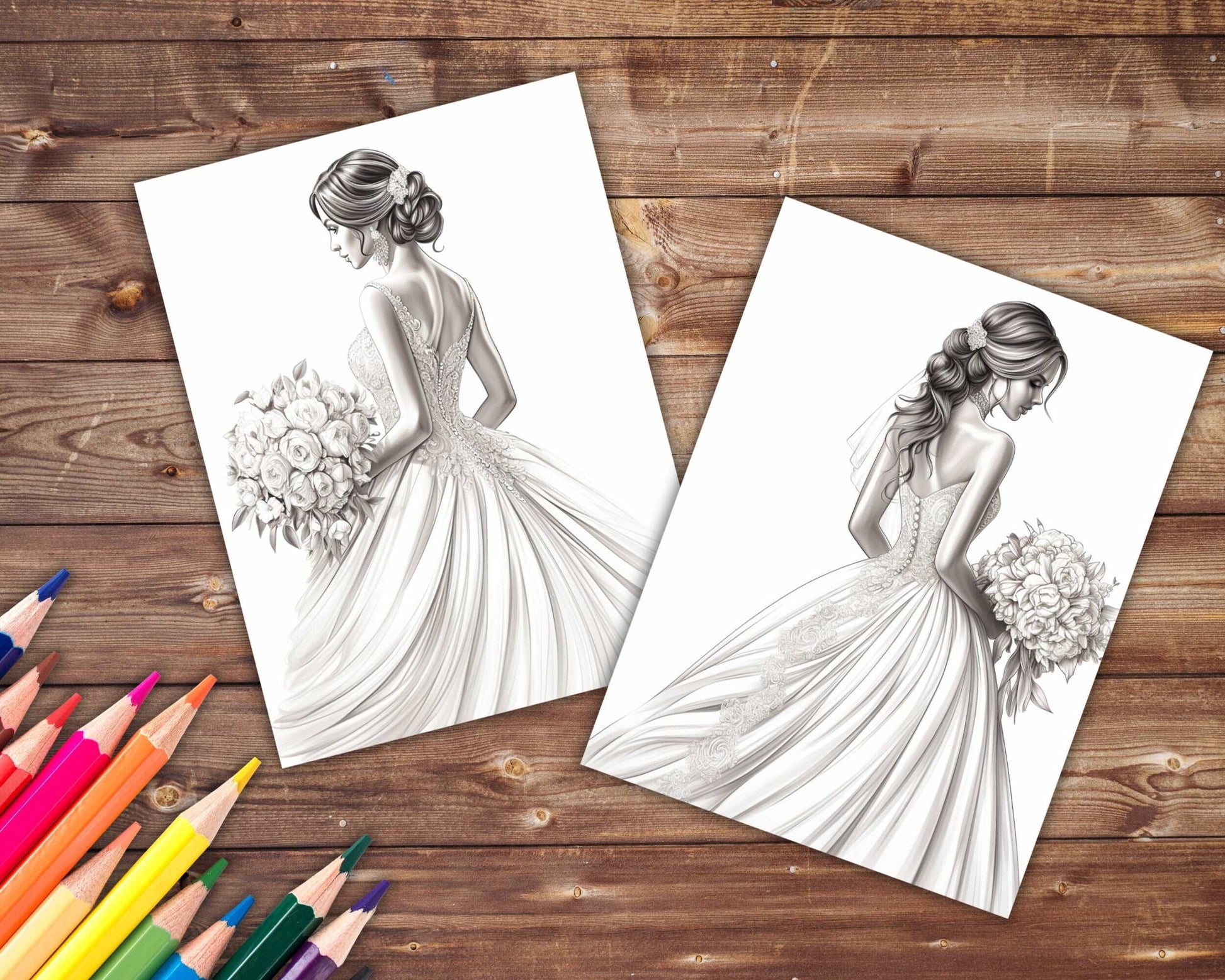 30 Wedding Dresses Coloring Book, Grayscale Fantasy Brides Coloring Pages for Adults and Teens, Printable PDF, Instant Download