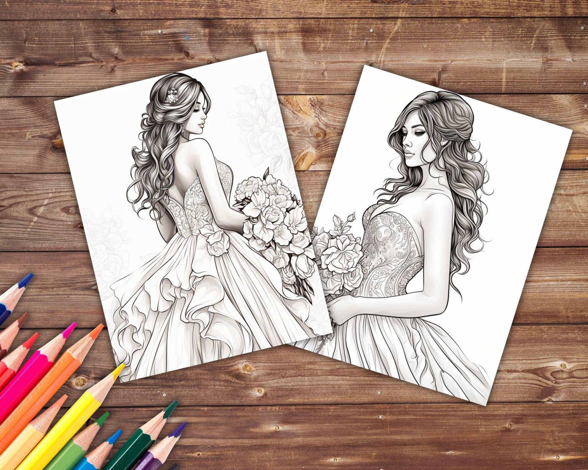 30 Wedding Dresses Coloring Book, Grayscale Fantasy Brides Coloring Pages for Adults and Teens, Printable PDF, Instant Download