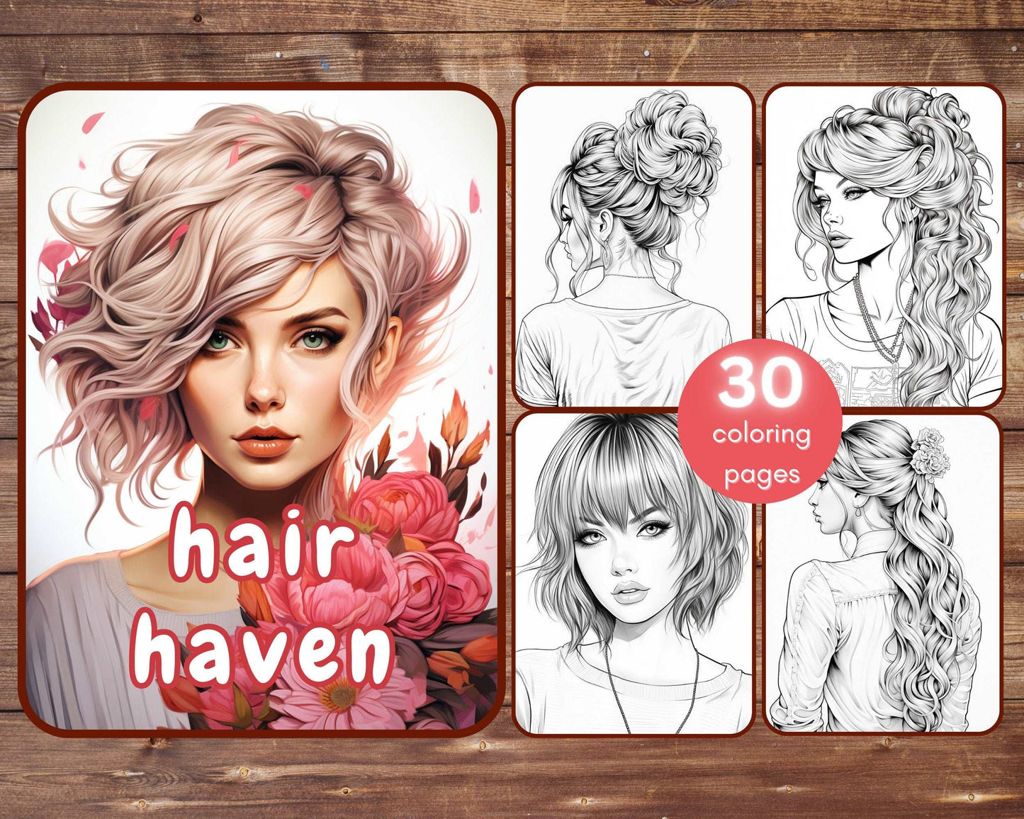 30 Hair Haven Coloring Book, Grayscale Women's Hairstyles Coloring Pages for Adults and Teens, Printable PDF, Instant Download