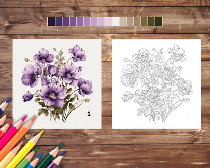 February Birth Flower Color by Number, Violet Flower Paint By Number for Adult, Printable Coloring Pages Sheets, Digital Download, PDF&PNG