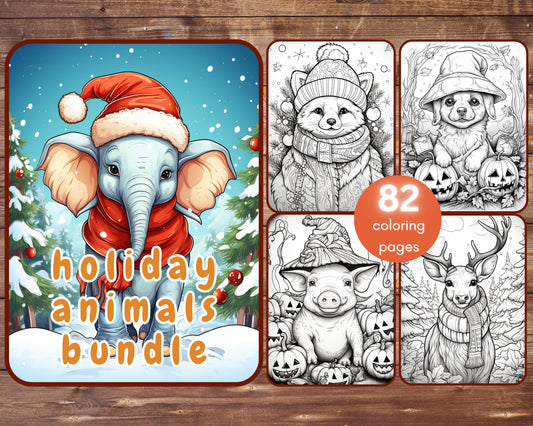 82 Holidays Animal Coloring Book Bundle, Grayscale Printable PDF Animals Coloring, Christmas Animals, Halloween Animals, Animals Coloring