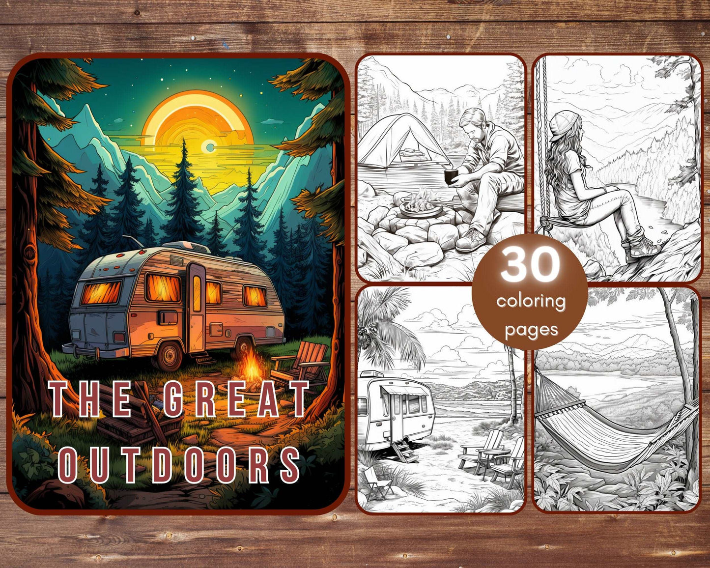 30 The Great Outdoors Coloring Book, Grayscale Camping Coloring Pages, Hiking, Campervan, Adventure, Outdoor Activities, Printable PDF