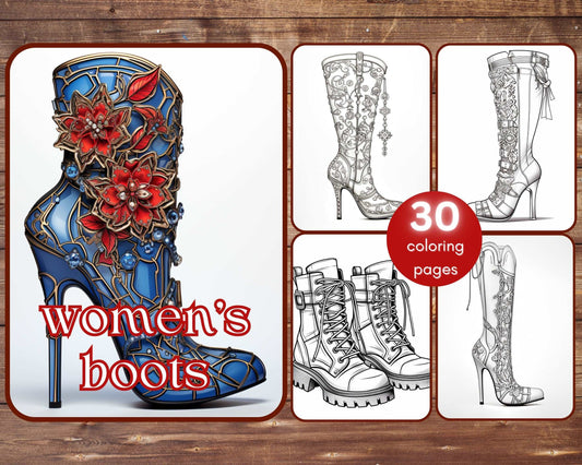 30 Women's Boots Coloring Book, Grayscale Fantasy Women's Shoes with Flowers Coloring For Adults, Women Fashion, High Heels, Printable PDF