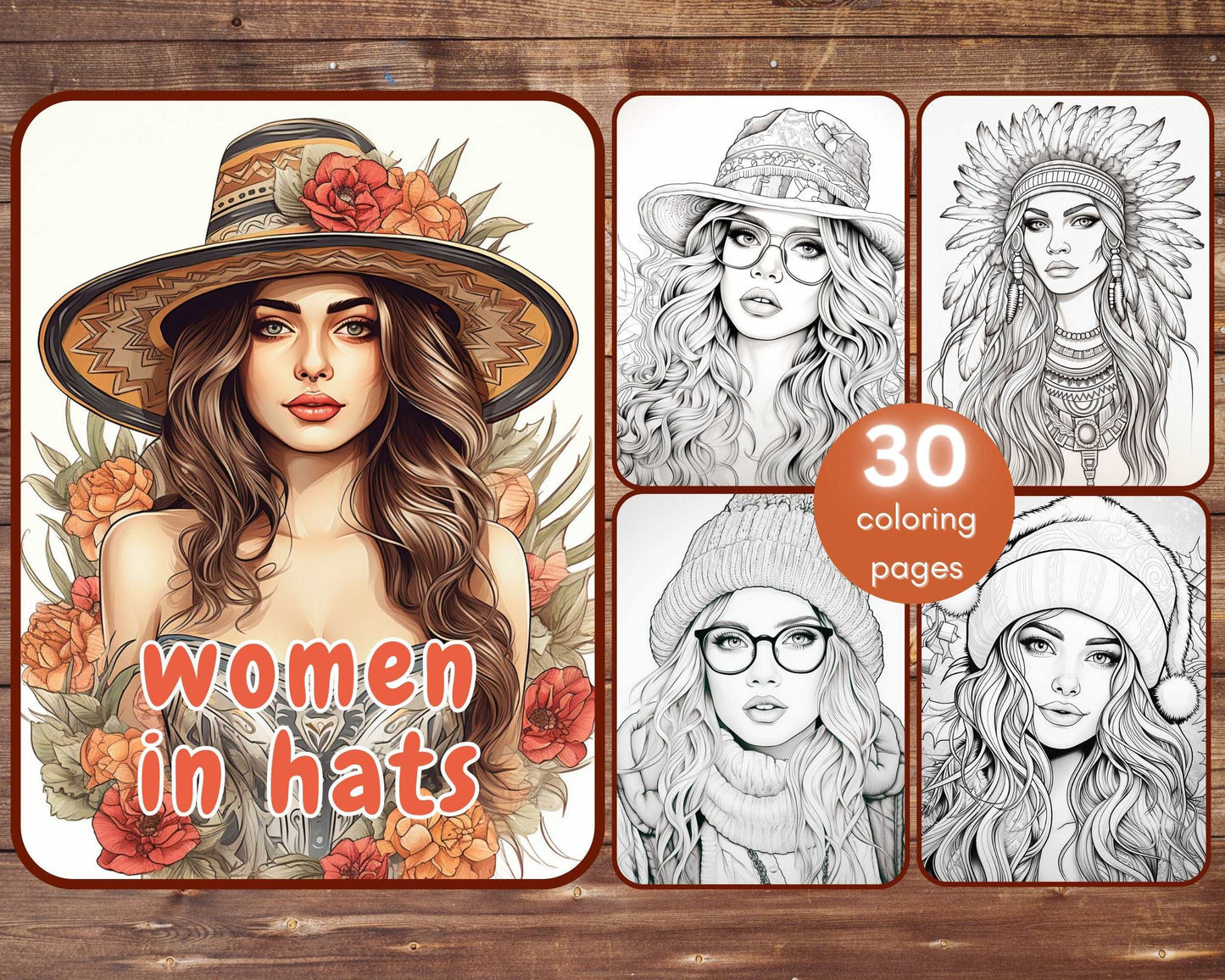 30 Women in Hats Coloring Book, Grayscale Fantasy Floral Hats Coloring Pages, Ladies with Hats, Beautiful Women, Coloring, Printable PDF