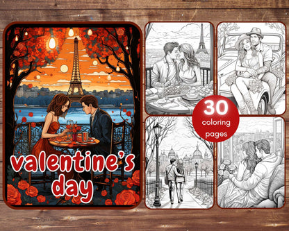 30 Valentine's Day Coloring Book, Grayscale Printable Couples Coloring for Adults and Teens, Romantic Dinner, Paris Rome, Instant Download