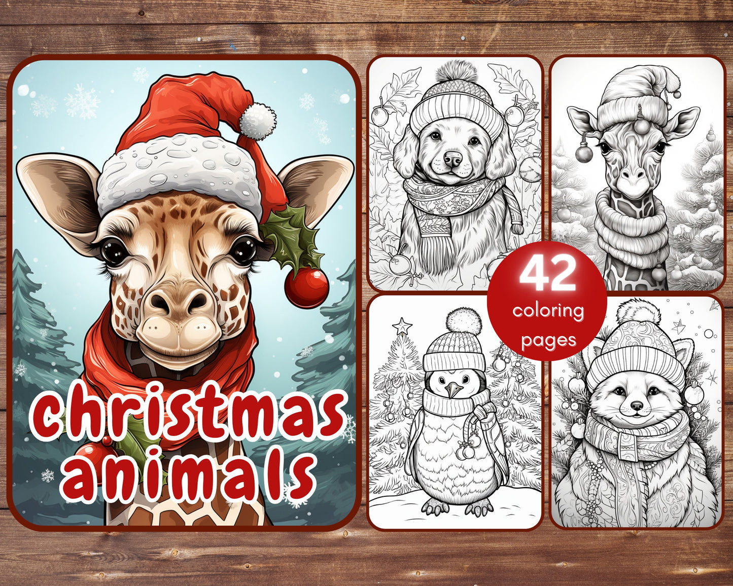 42 Christmas Animals Coloring Book, Grayscale Winter Animals Coloring for Adults and Kids, Printable PDF, Instant Download