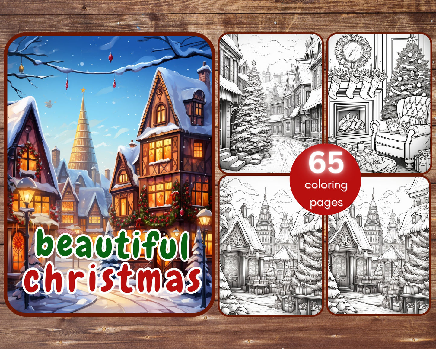 60+5 Christmas Coloring Book Bundle, Grayscale Printable PDF Christmas Houses Inside and Outside, Interiors Exteriors, Christmas Tree, Santa