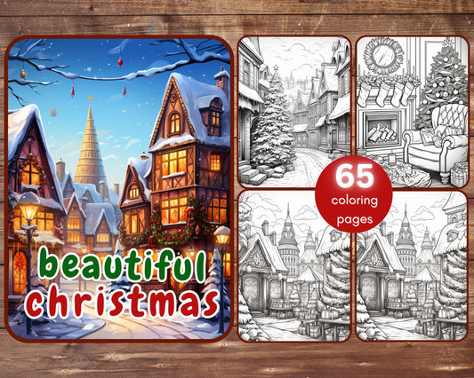 60+5 Christmas Coloring Book Bundle, Grayscale Printable PDF Christmas Houses Inside and Outside, Interiors Exteriors, Christmas Tree, Santa