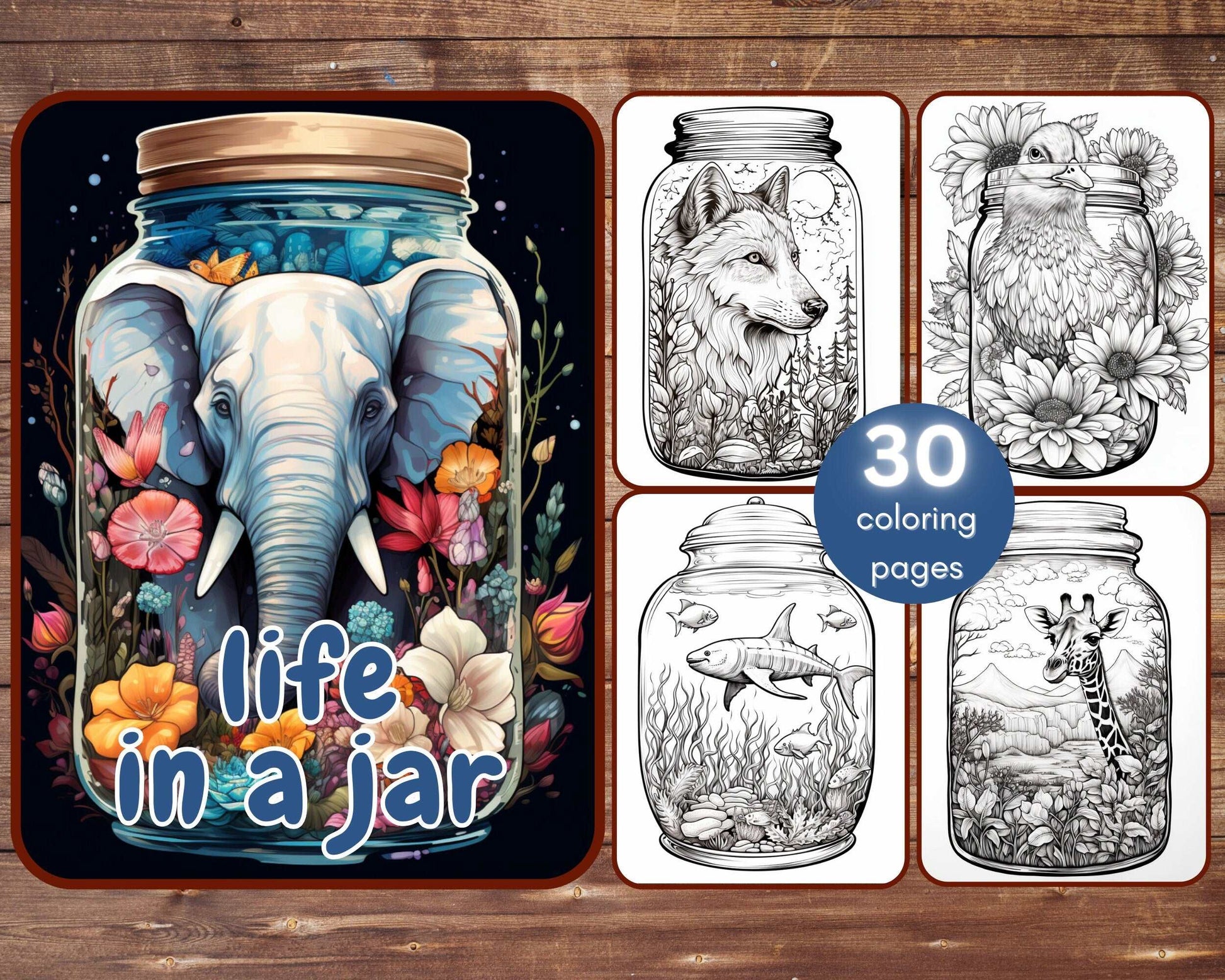 30 Life in a Jar Coloring Book, Grayscale Printable Animals in a Jar Coloring for Adults Kids, Flowers Mushroom Sea Life Animals, PDF