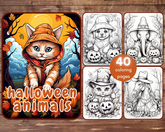 40 Halloween Animals Coloring Book, Printable Pumpkin Gothic Spooky Coloring, Grayscale Holiday Coloring for Adults and Kids