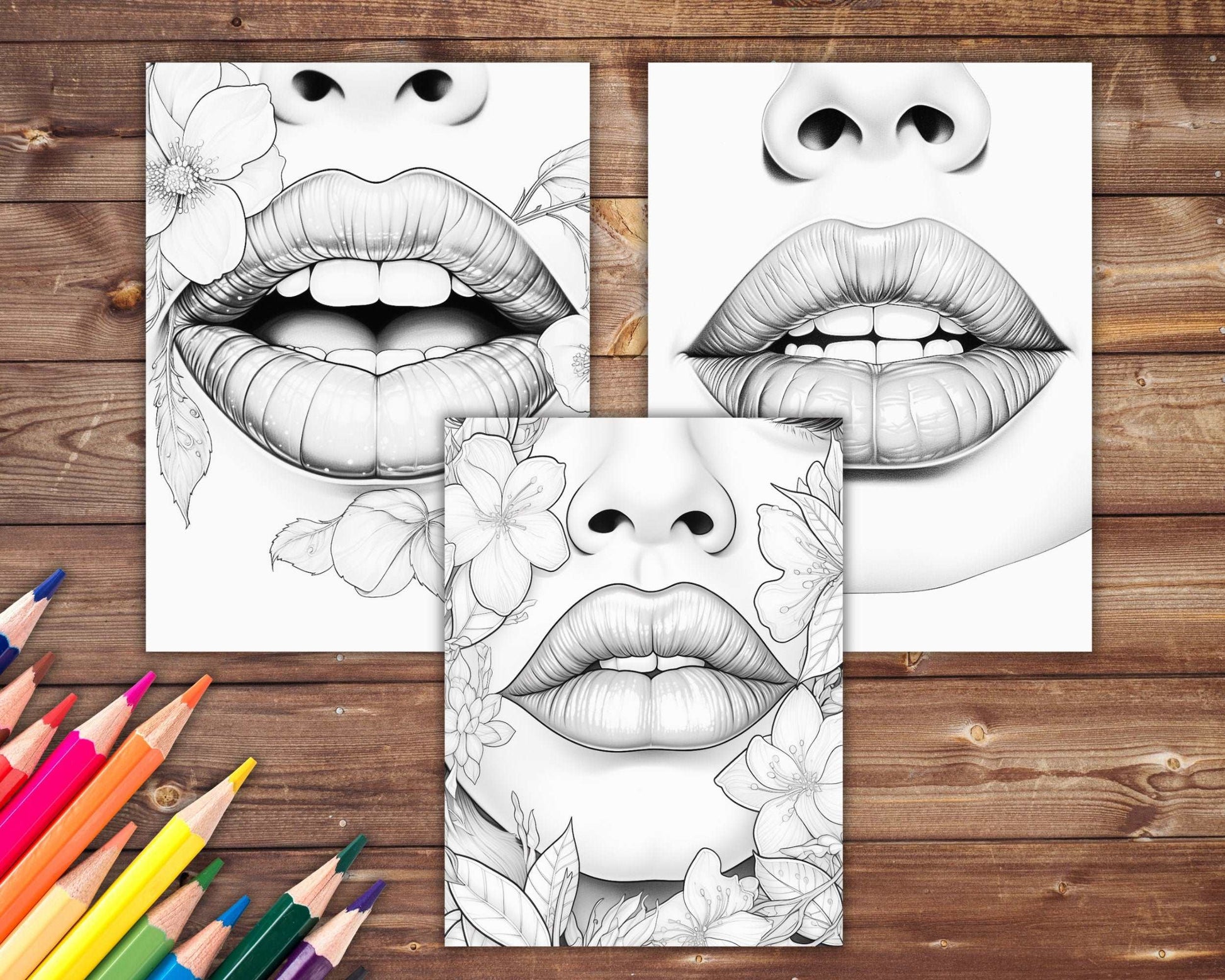 30 Luscious Lips Coloring Book, Grayscale Women's Lips and Flowers Coloring Pages for Adults and Teens, Printable PDF, Instant Download