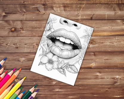 30 Luscious Lips Coloring Book, Grayscale Women's Lips and Flowers Coloring Pages for Adults and Teens, Printable PDF, Instant Download