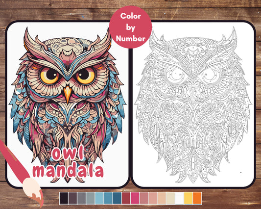 Color By Number for Adult, Owl Mandala Paint by Number, Printable Coloring Pages Sheets, Digital Download, PDF