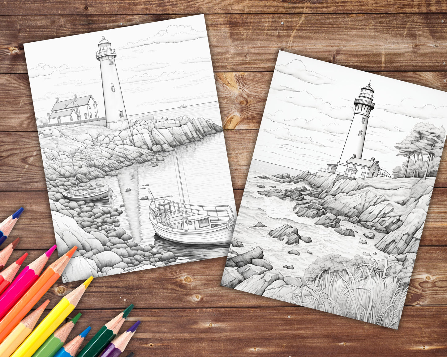 35 Lighthouse Coloring Book, Grayscale Fantasy Guiding Lights Coloring Pages for Adults and Teens, Printable PDF, Instant Download