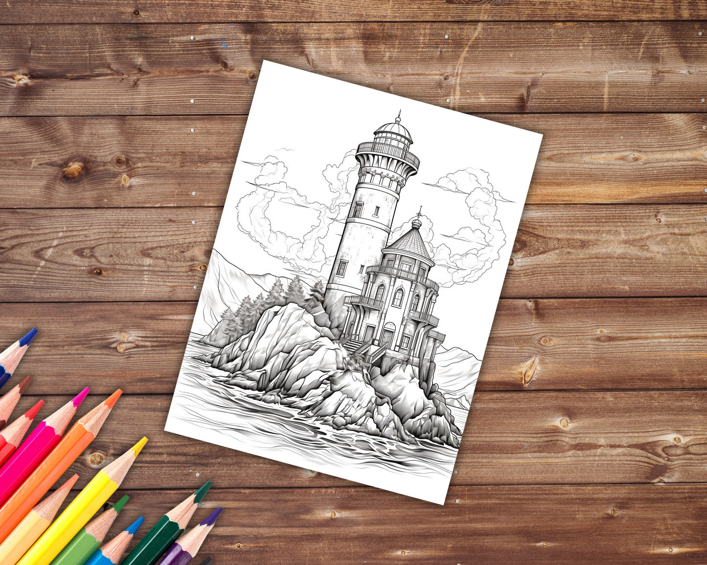 35 Lighthouse Coloring Book, Grayscale Fantasy Guiding Lights Coloring Pages for Adults and Teens, Printable PDF, Instant Download