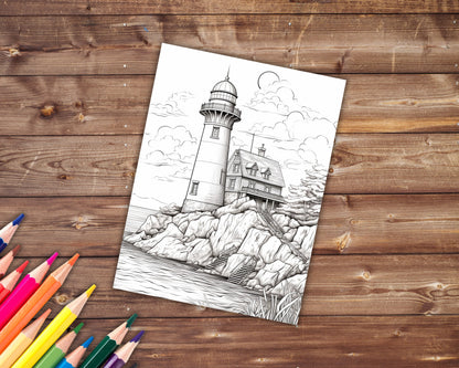 35 Lighthouse Coloring Book, Grayscale Fantasy Guiding Lights Coloring Pages for Adults and Teens, Printable PDF, Instant Download