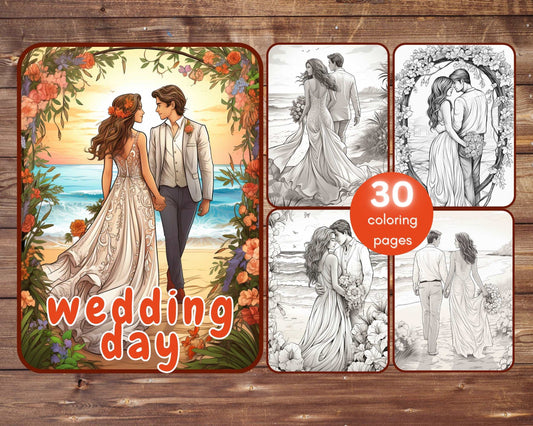 30 Wedding Day Coloring Book, Grayscale Printable PDF Beach Wedding Coloring for Adults, Valentine's Day, Boho, Royal, Instant Download