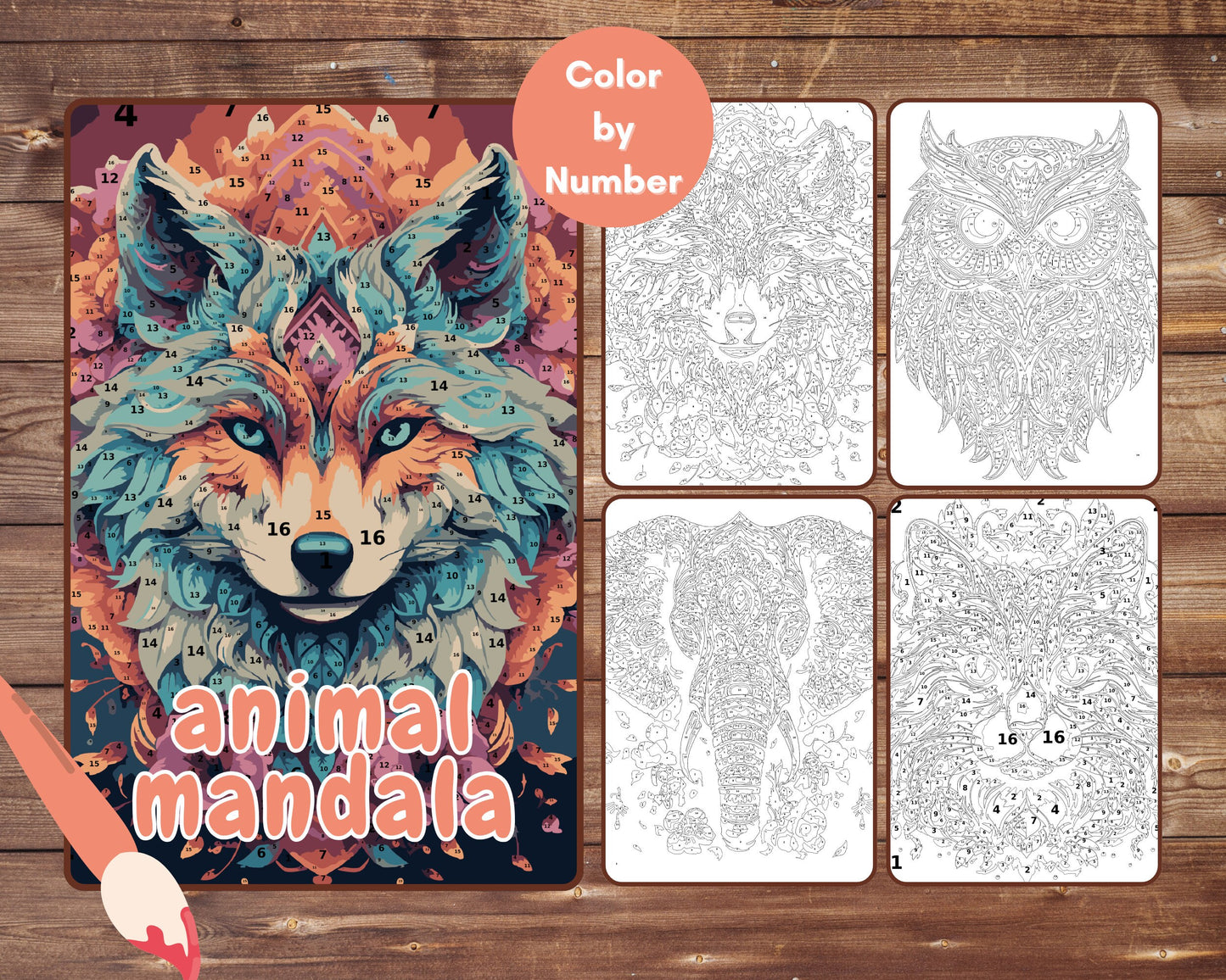 Animal Mandala Paint by Number Bundle, Fox Cat Color By Number for Adults, Printable Coloring Pages Sheets, Digital Download, PDF, PNG