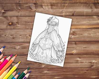 32 Flowing Dresses Coloring Book, Grayscale Victorian Dresses Coloring Pages for Adults and Teens, Medieval, Printable PDF, Instant Download