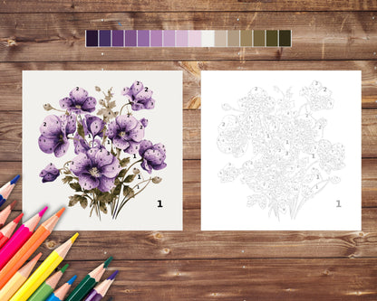 February Birth Flower Color by Number, Violet Flower Paint By Number for Adult, Printable Coloring Pages Sheets, Digital Download, PDF&PNG