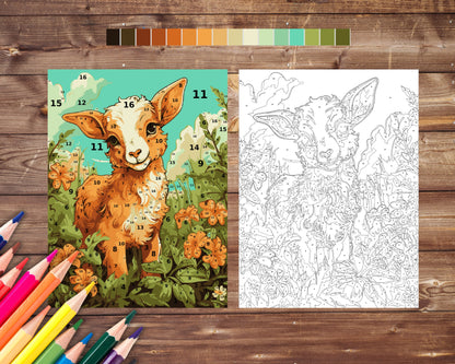 Cute Goat Paint by Number, Farm Animal Color By Number for Adults, Printable Coloring Pages Sheets, Digital Download, PDF&PNG