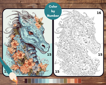 Seahorse Paint by Number, Sea Animals and Flowers Color By Number for Adults, Printable Coloring Pages Sheets, Digital Download, PDF&PNG