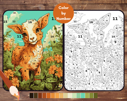 Cute Goat Paint by Number, Farm Animal Color By Number for Adults, Printable Coloring Pages Sheets, Digital Download, PDF&PNG