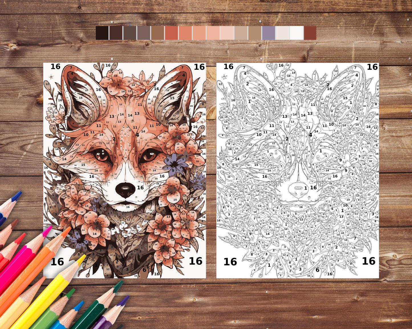 Color By Number for Adult, Fox Paint by Number, Printable Coloring Pages Sheets, Digital Download, PDF, PNG