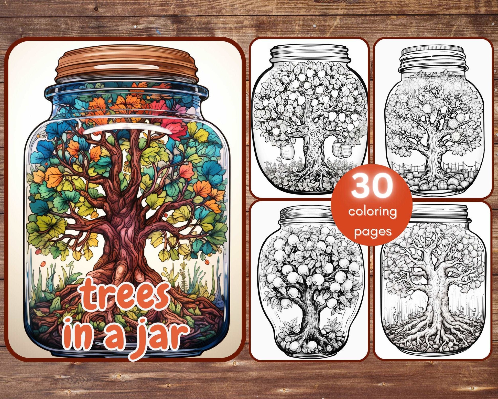 30 Trees in a Jar Coloring Book, Printable Grayscale Fruit Trees Coloring Pages, Oak Tree, Old Trees, Jars Coloring for Adults and Kids