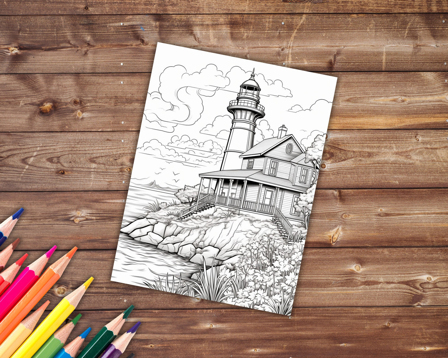 35 Lighthouse Coloring Book, Grayscale Fantasy Guiding Lights Coloring Pages for Adults and Teens, Printable PDF, Instant Download