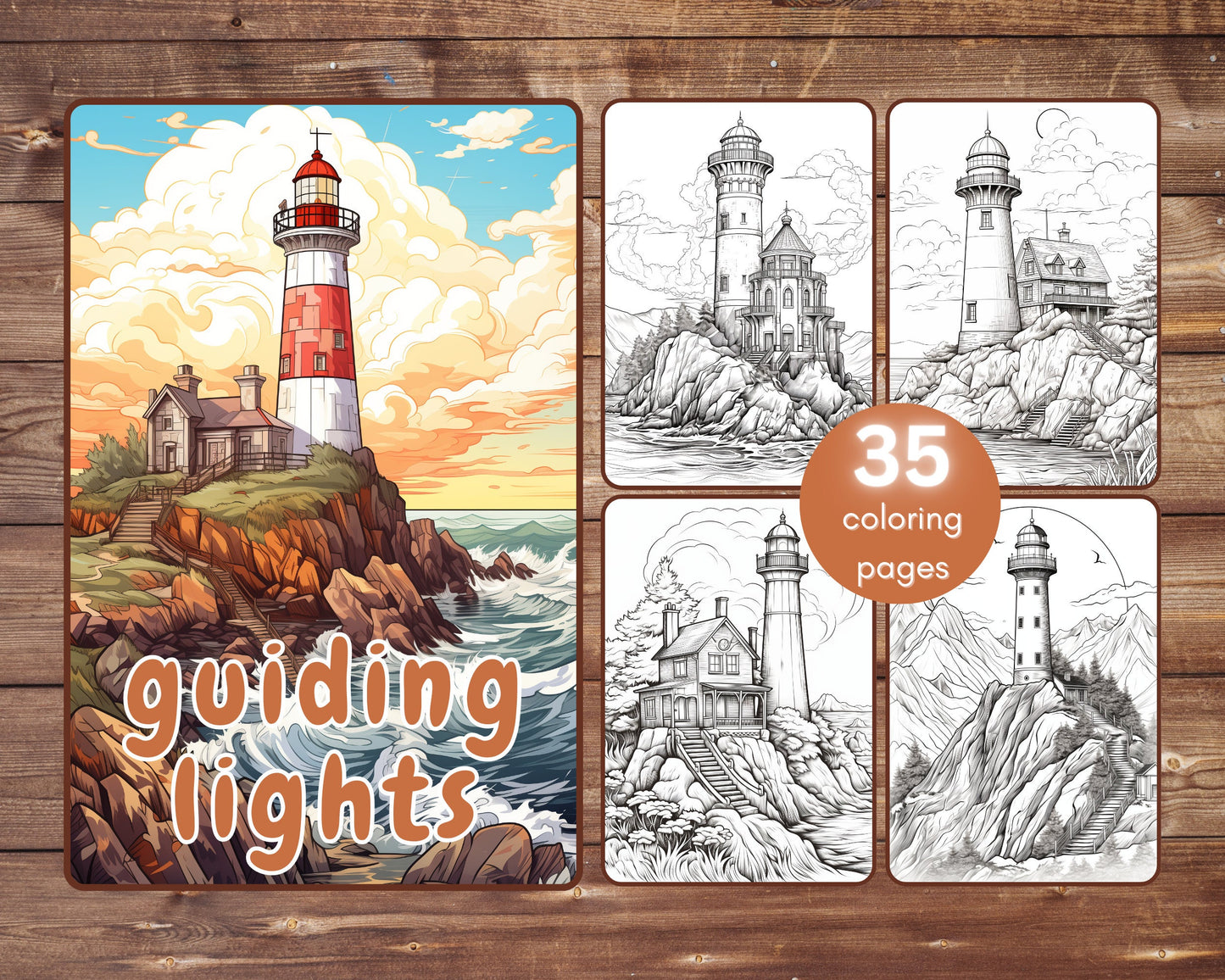 35 Lighthouse Coloring Book, Grayscale Fantasy Guiding Lights Coloring Pages for Adults and Teens, Printable PDF, Instant Download