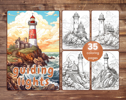 35 Lighthouse Coloring Book, Grayscale Fantasy Guiding Lights Coloring Pages for Adults and Teens, Printable PDF, Instant Download