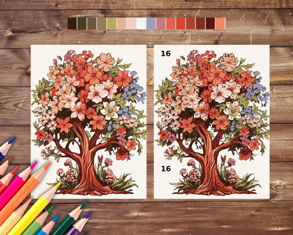 Flower Tree Color By Number for Adults, Tree Paint by Number, Printable Coloring Pages Sheets, Digital Download, PDF, PNG