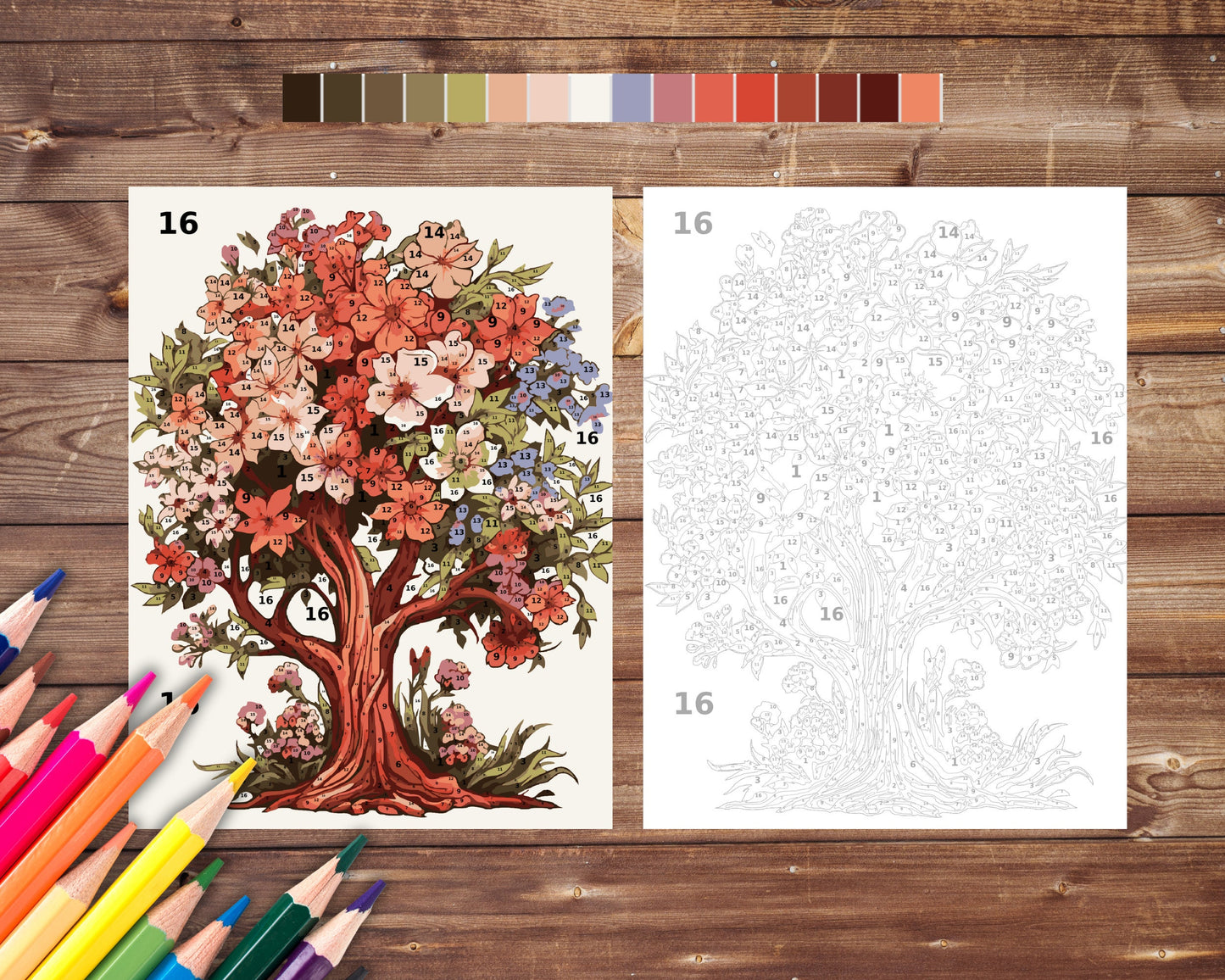 Flower Tree Color By Number for Adults, Tree Paint by Number, Printable Coloring Pages Sheets, Digital Download, PDF, PNG