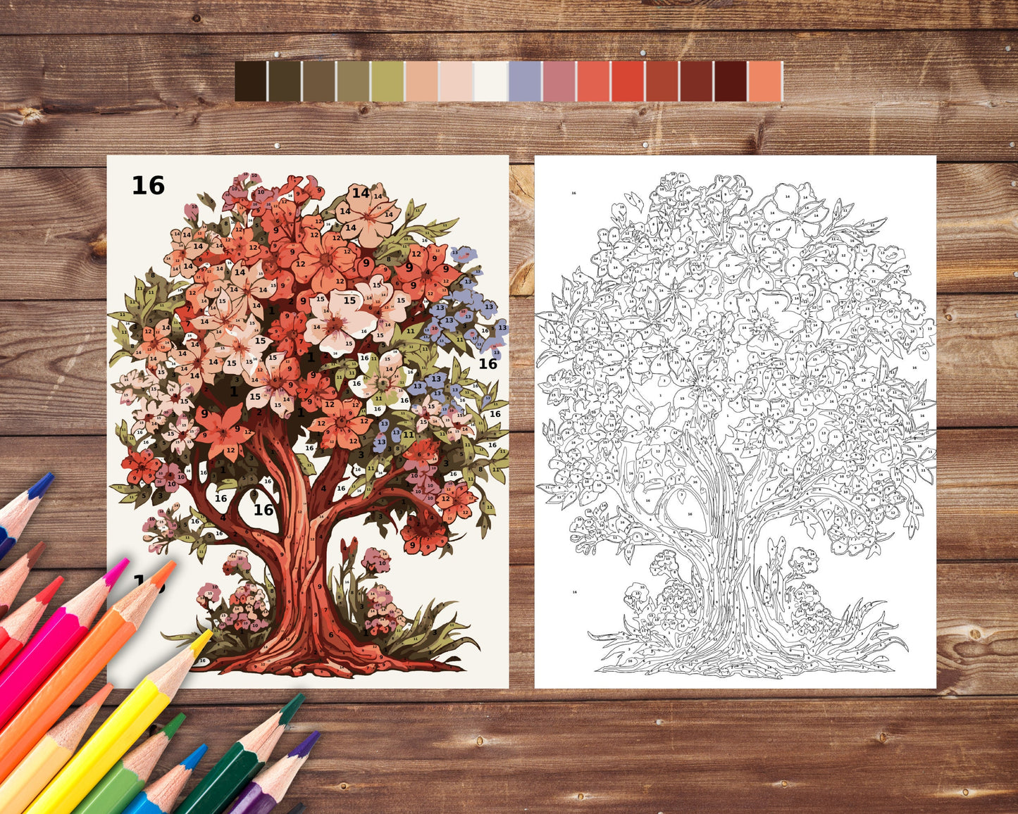 Flower Tree Color By Number for Adults, Tree Paint by Number, Printable Coloring Pages Sheets, Digital Download, PDF, PNG