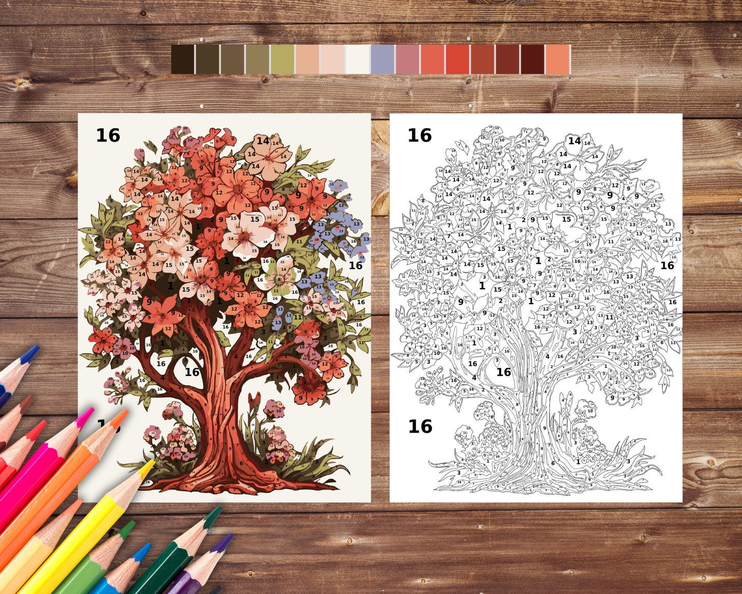 Flower Tree Color By Number for Adults, Tree Paint by Number, Printable Coloring Pages Sheets, Digital Download, PDF, PNG