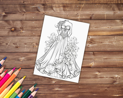 32 Flowing Dresses Coloring Book, Grayscale Victorian Dresses Coloring Pages for Adults and Teens, Medieval, Printable PDF, Instant Download