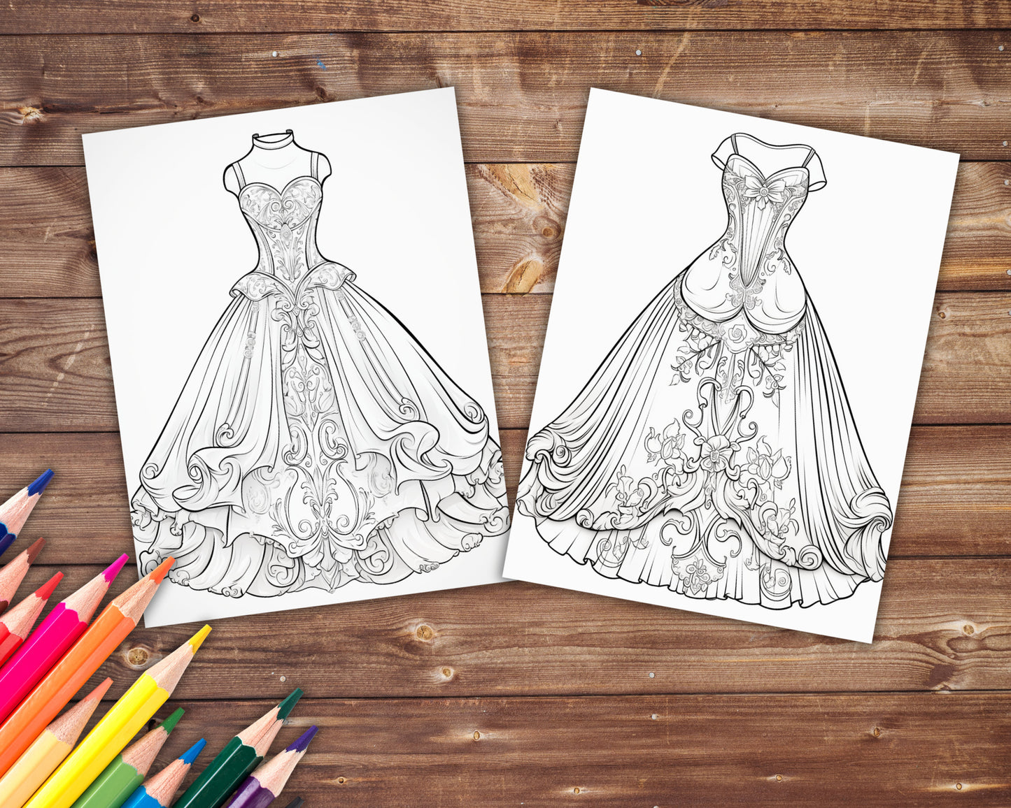 32 Flowing Dresses Coloring Book, Grayscale Victorian Dresses Coloring Pages for Adults and Teens, Medieval, Printable PDF, Instant Download