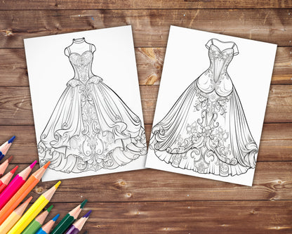 32 Flowing Dresses Coloring Book, Grayscale Victorian Dresses Coloring Pages for Adults and Teens, Medieval, Printable PDF, Instant Download