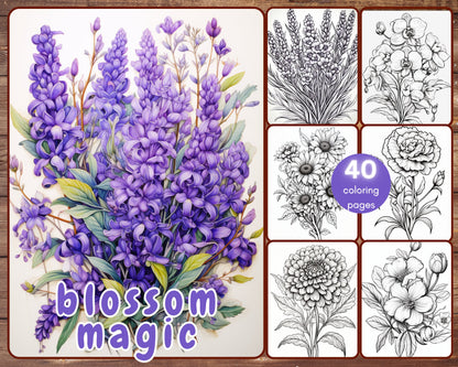 40 Blossom Magic Coloring Book, Grayscale Beautiful Flowers Coloring Adults and Kids, Floral, Flower Bundle, Printable PDF, Instant Download