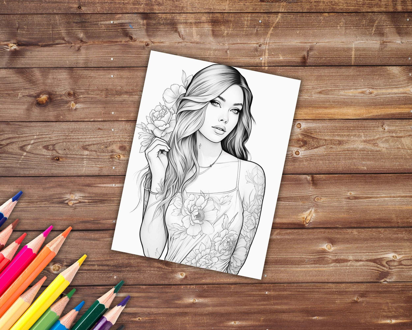 30 Women in Floral Dresses Coloring Book, Grayscale Fantasy Blossom Beauties Coloring For Adults, Beautiful Woman and Dresses, Printable PDF