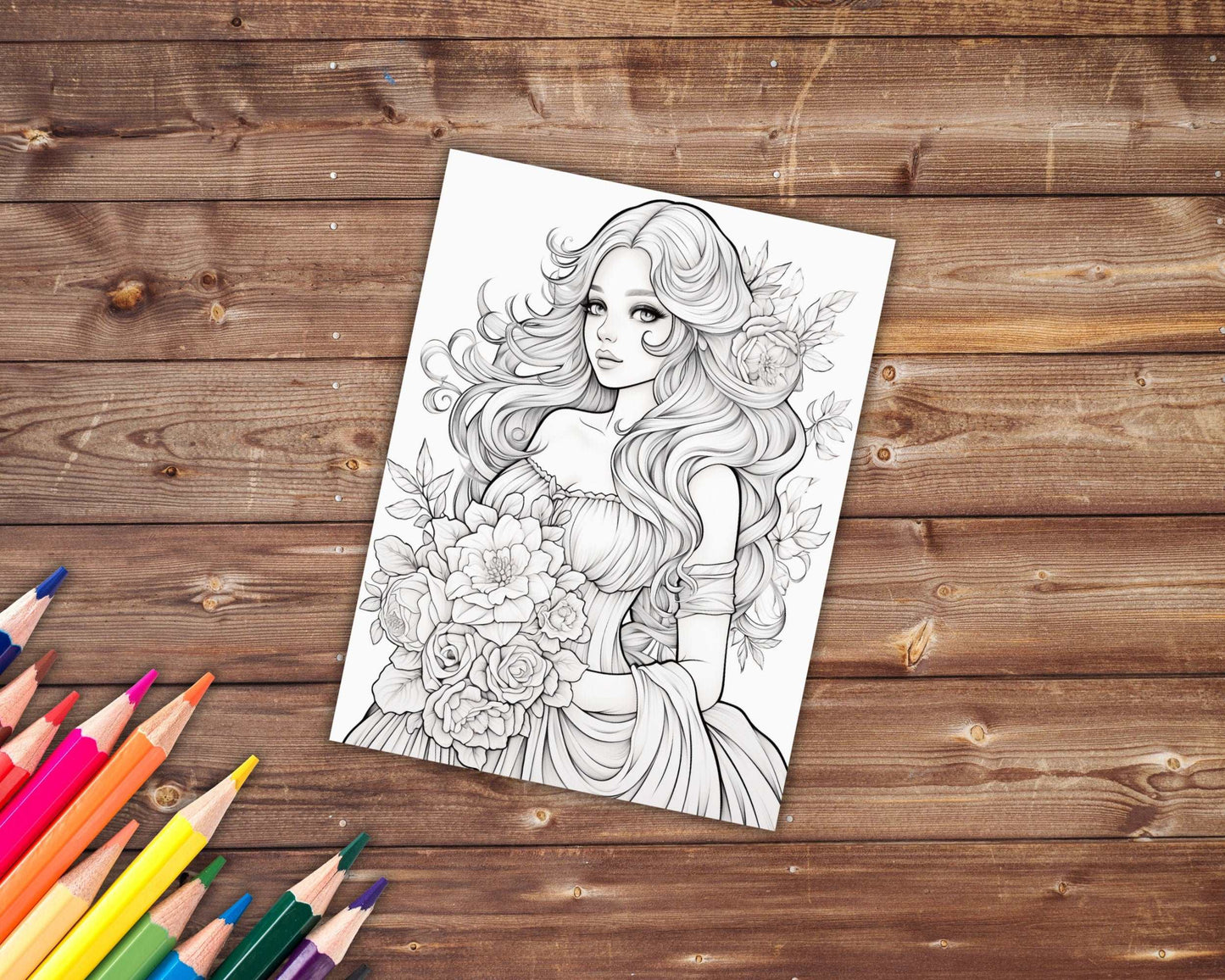 30 Women in Floral Dresses Coloring Book, Grayscale Fantasy Blossom Beauties Coloring For Adults, Beautiful Woman and Dresses, Printable PDF