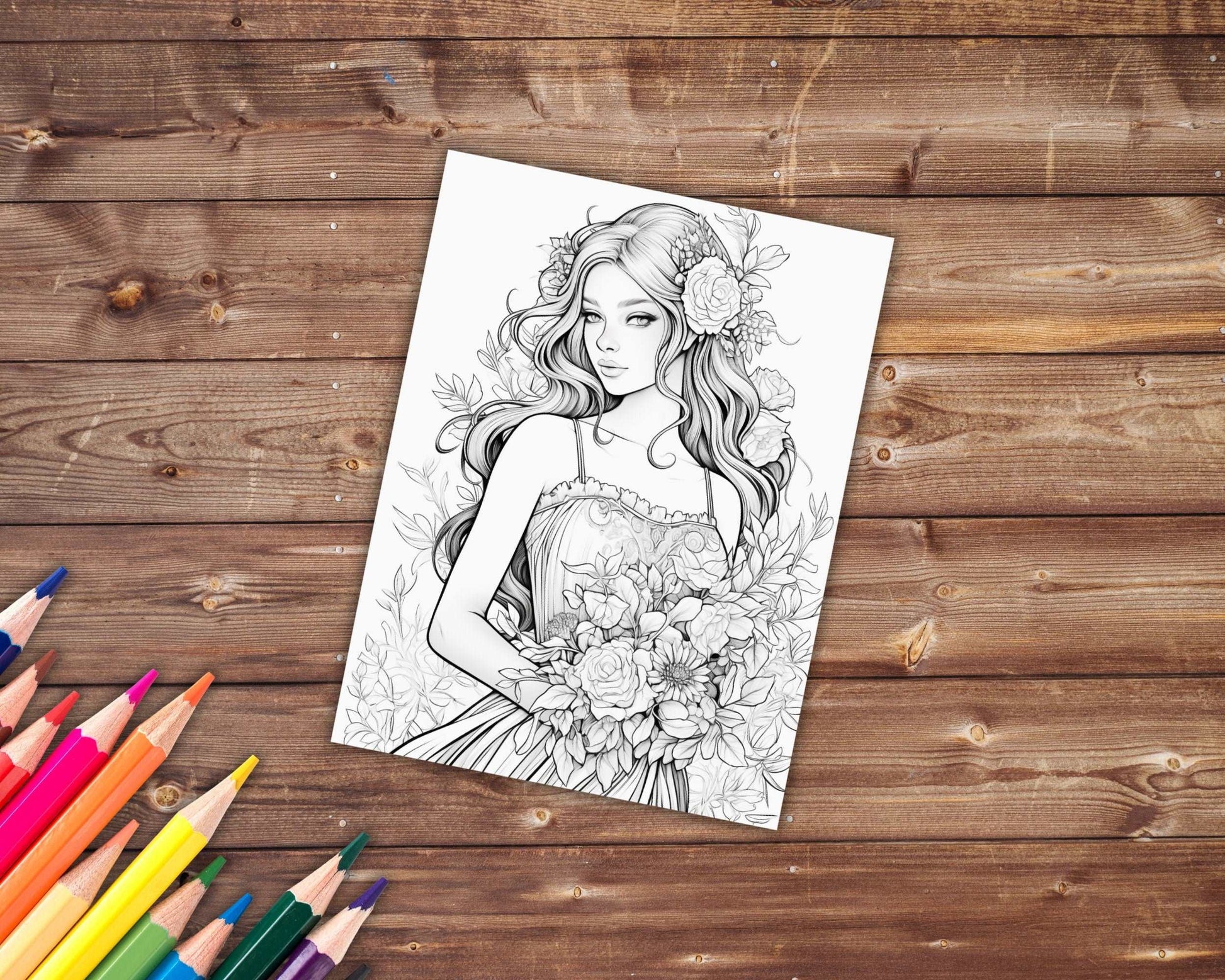 30 Women in Floral Dresses Coloring Book, Grayscale Fantasy Blossom Beauties Coloring For Adults, Beautiful Woman and Dresses, Printable PDF